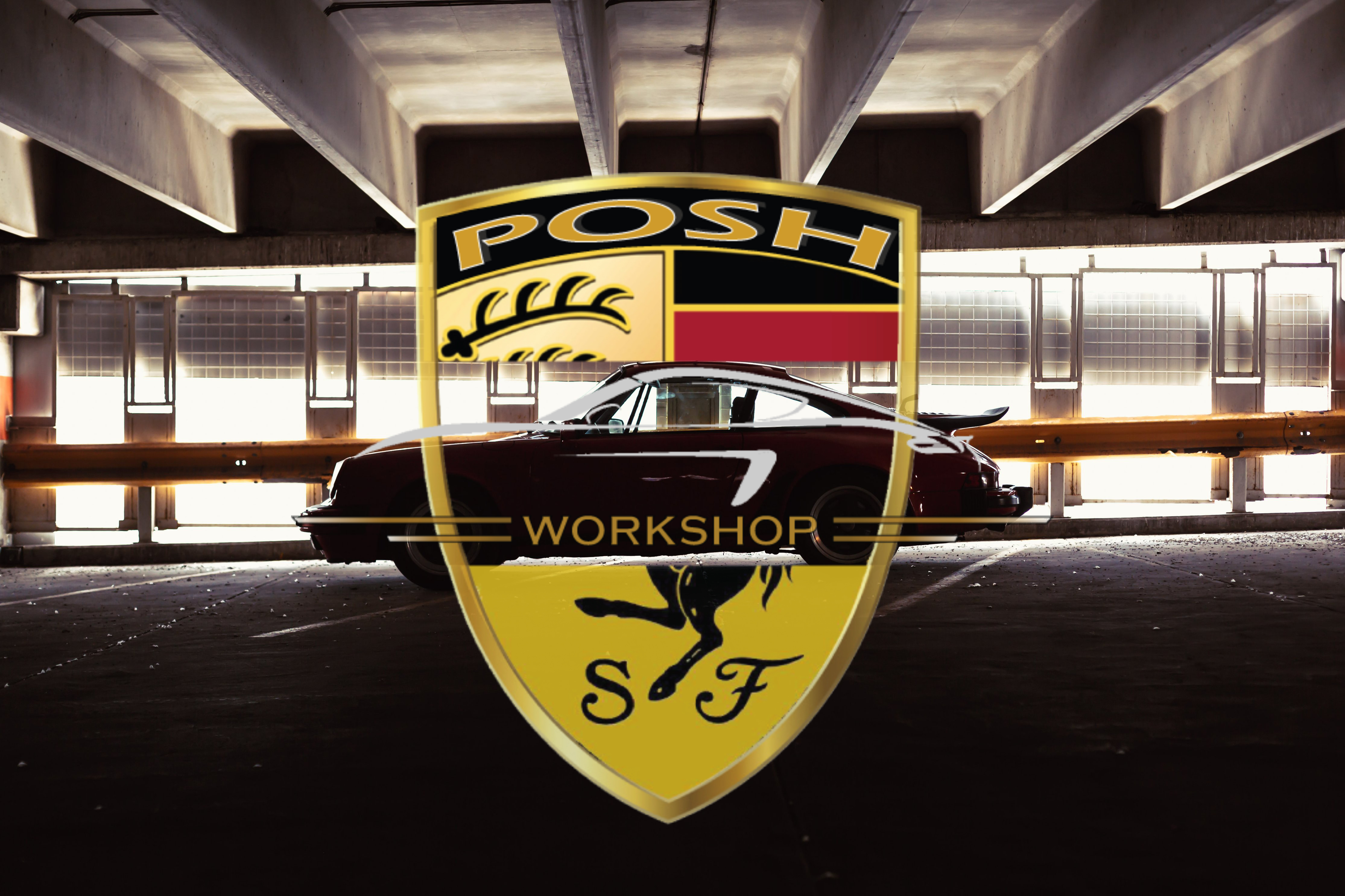 Posh Workshop crest over a classic Porsche in the workshop